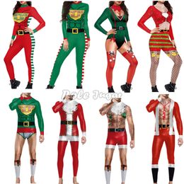 Print Christmas Jumpsuit Cosplay Costume Autumn Men Women Long Sleeve Bodysuit Halloween Party Performance Clothes