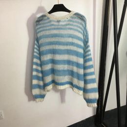 Women's Sweaters Light Blue Striped Hollowed Out Knitted Top For Early Autumn 2023 Sweet And Slim Loose Fitting Sweater