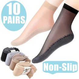 Women Socks 20Pcs 10Pairs Transparent Breathable Summer Thin Soft Silk Non-Slip Bottom Splice Fashion Ladies Sox For Girls