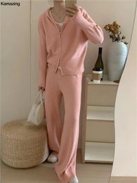 Women's Two Piece Pants Women Casual Knitted Pants Suit Tracksuit Autumn Fashion Zip Up Sweater Hoodie Wide Leg Trousers 2 Piece Set Winter Outfits 231031