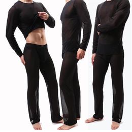 Men's Perspective HomeWear Suit Mesh Sheer Long Sleeve Pyjamas Set Round Neck Tops Pants Loose Sleepwear Large Size Black Whi228A