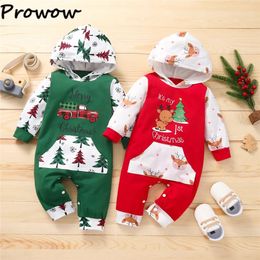 Rompers Prowow My First Christmas Baby Romper Xmas Tree Print Hooded Jumpsuit For borns Year Costume 231030
