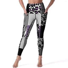 Women's Leggings Patchwork Print Sexy Purple And Black High Waist Yoga Pants Sweet Elastic Leggins Women Design Work Out Sports Tights