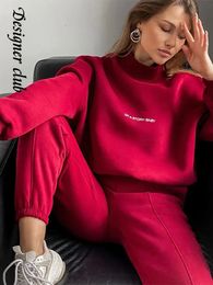 Women's Two Piece Pants Chic Letter Print Women's Sweater Set Casual Mock Neck Long Sleeve Lace Up Top Leggings Suit Autumn Female High Streetwear 231031