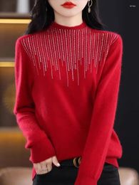 Women's Sweaters Spring Autumn Fashion Women Solid Elegant Sweater Half-high Collar Long Sleeve Diamond Pullover Casual Crochet Knit Tops