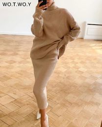 Two Piece Dress WOTWOY Autumn Winter Turtleneck Sweater and Skirt 2 Pieces Set Women Solid Loose Pullovers Female Skirt Long Sleeve Knitted Tops 231031