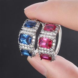 Luxury Jewellery 925 Sterling Silver Three Stone Blue Sapphire CZ Diamond Tanzanite Women Party Wedding Engagement Band Ring For Lov303d