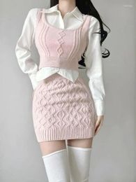 Work Dresses Pink Sweet Three Piece Set Women Knit Elegant Party Mini Skirt Female Korean Fashion Casual Sweater Suit 2023 Autumn