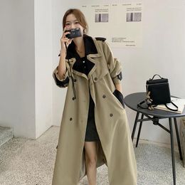 Women's Trench Coats SuperAen Vintage Khaki Contrast Windbreaker Coat 2023 Autumn Design Double Breasted Long