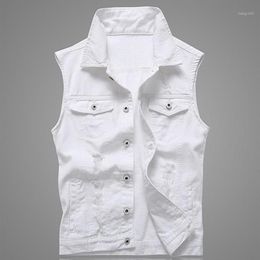 Hole Denim Waistcoat Men White Jeans Vest Solid Rock Vests For Men Fashions Summer Sleeveless Jacket 5xl Punk Biker Ripped1307v