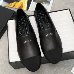 Spring Autumn New Dress Shoes Famous Women Designer Brand Metal Letter Coloured Fadies Shoes Genuine Leather Round Toe Panel Flat Heel Soft Sole Nonslides Single Shoe