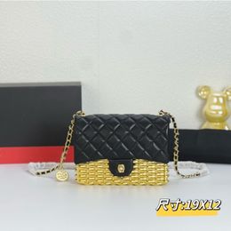 9 days arrive Luxury 23c Black and Gold sheepskin shoulder Bag Metal Cover Bag Fashion Diamond Chain Bag Braided Hardware Gold Coin Mini Dinner Bag Size 19x12cm