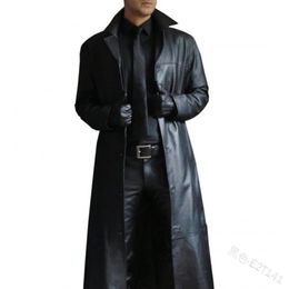 Men's Wool Blends Men's Solid Color Trench Coat Slim Fit Leather Long Leather Jacket 231030