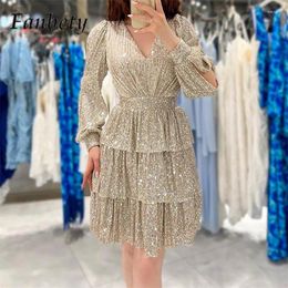 Casual Dresses Women Elegant Long Sleeve Split Versatile Dating Dress Autumn Fashion Frilly Mini Chic V-Neck Sequins Hollow Party