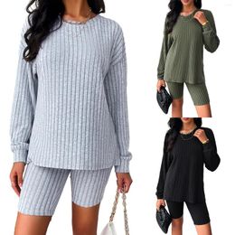 Women's Tracksuits Women 2 Piece Knitted Outfits Cosy Crewneck Top & Shorts Set Fashion Knit Shirts Matching Fall Track Suit