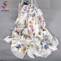 Scarves BYSIFA White 100% Silk Scarf Cape Fashion Floral Design Long Scarves Women Summer Utralong Beach Shawl Winter Scarves180*110cm 231031