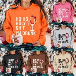 Women's Hoodies Round Neck Long Sleeved Wine Glass HO HOLY SHT I'M DRUNK Printed H Solid Colour Full Hoodie Baggy Sweatshirt