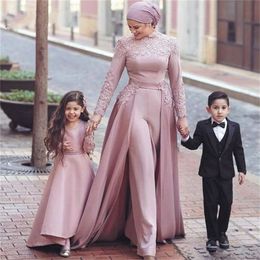 Abaya Pink Jumpsuit Prom Dress With Overskirt Dubai Saudi Arabic Evening Dress 2024 Long Sleeve Turkey Muslim Islamic Party Gowns Vestidos De Gala Robe De Soriee