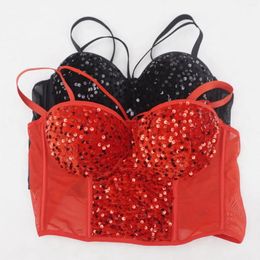 Women's Tanks Mesh Patchwork Velvet Sequins Lingerie Women Push Up Bustier Bra Cropped Top Sexy Camisole Female Tank Tops Y4343