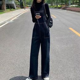 Women's Jeans Ladies' Solid Colour Autumn Fashion Overalls With Wide Leg Strap Denim Stylish And Mens Leather Suspenders Hooks