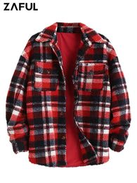 Men's Jackets Plaid Jacket for Men Fluffy Fleece Shirt Jacket with Pocket Button-up Faux Fur Sherpa Streetwear Topcoats Z4738534 231030