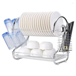 Kitchen Storage Rust-Proof Dish Drainer 2 Tier Large Rack With Drain Board Chrome Coating Bowl Organiser Holder