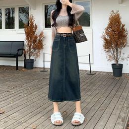 Skirts Korean Style Jean Long Skirt Women Fashion With Belt High Waist Split Straight Demin Woman All-Match Pockets Midi Faldas