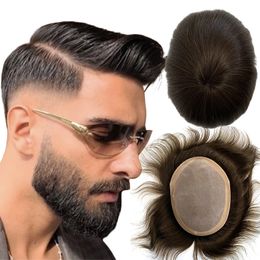 Brazilian Virgin Human Hair Replacement #2 Dark Brown Silky Straight Male Unit 8x10 Mono Toupee for White Men