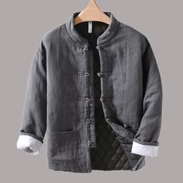 Men's Jackets Retro Chinese Style Male Warm Padded Jacket Harajuku Loose Solid Colour Allmatch Cotton Linen Knot Button Outwear Men 231031