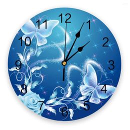 Wall Clocks Flower Butterfly Blue Home Decoration Silent Round Watches For Living Room Kitchen Decor