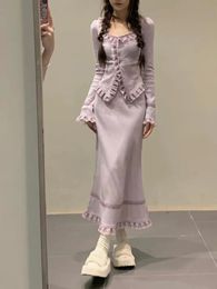 Two Piece Dress Deeptown Korean Style Purple Piece Y2k Fairycore Ruffles Long Sleeve Bodycone Midi Trumpet Dresses Sets Autumn 231031