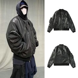 Mens Solid Colour Multi Pocket Zipper Stand Collar Windproof Coat Clean Fit Bomber Jacket Leather Man Black Loose