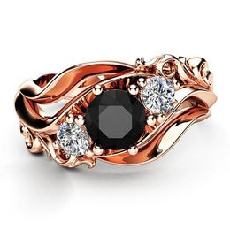 Wedding Rings Huitan Witch Ring Unique Black Stone Prong Setting Band Design Rose Gold Color Women Engagement Finger Wholesa281T