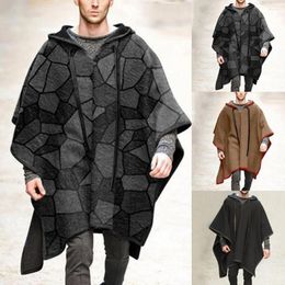 Men's Trench Coats Men Jacket Cool Geometric Pattern Drawstring Shawl Coat Irregular Hem Long