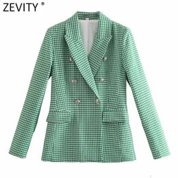 Women's Suits Blazers Zevity Women Vintage Green Pink Houndstooth Plaid Print Blazer Coat Office Ladies Double Breasted Outerwear Chic Slim Tops CT726 231030