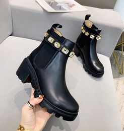 Luxury Women's Ankle Boots High Heel Waterproof Platform Rhinestone Cowhide Martin Boots Crystal Decoration Round Head Fashion Boots and Shoes Eu35-41 with Box