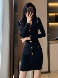 Basic Casual Dresses Real s spot black dres 's 2023 vintage waist slim knitted V neck long sleeve female office lady vestido 231031