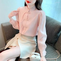 Women's Blouses Autumn Retro National Style Chinese Shirt Pink Buckle Puff Sleeve Design Chiffon Blouse Top