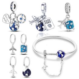 Bracelet Earrings Necklace Travel Jewelry Set For Women Wedding 925 Silver Blue Earth Plane Charms Zirconia Original Bracelet Earrings Suit Jewelry Gift 231030