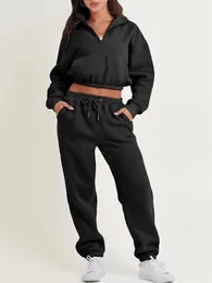 Running Sets Women 2 Piece Tracksuits Jogger Solid Colour 1/2 Zipper Cropped Sweatshirt And Drawstring Sweatpants For Activewear