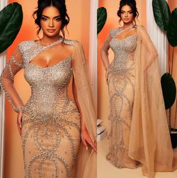 2023 Oct Aso Ebi Arabic Gold Mermaid Prom Dress Crystals Beaded Evening Formal Party Second Reception Birthday Engagement Gowns Dresses Robe De Soiree ZJ264