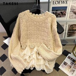 Women's Sweaters Vintage Elegant Knitting Long Sleeve Lace Pullovers 2023 Autumn Winter Round Neck Patchwork Ladies Loose Sweater Top