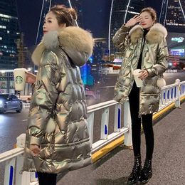 Women's Down Women 2023 Winter Fashion Causal Glossy Cotton Jackets Female Long Fur Collar Hooded Coat Parkas Thick Outerwear Z660