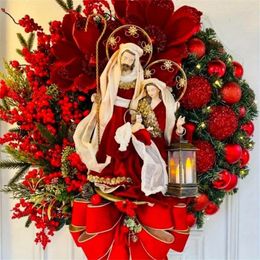 Decorative Flowers 1Pc Sacred Christmas Wreath With Lights Artificial Hanging Ornaments Front Door Wall Decorations Merry Tree