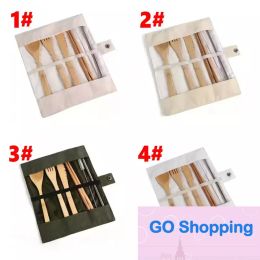 Top Quality Wooden Dinnerware Set Bamboo Teaspoon Fork Soup Knife Catering Cutlery Sets with Cloth Bag Kitchen Cooking Tools Utensil