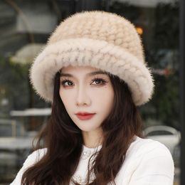 Women's Real Mink Fur Hat Knitted Bucket Hat Bowler Hat Top Hat Warm Outdoor Ski Cap Beanies