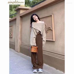 Women's Two Piece Pants 2023 Spring And Autumn Season Long Sleeved Short Sweaters With Straps Wide Leg Temperament Wear Trend