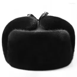 Berets Winter Imitation Mink Plush Russian Cap Warm Faux Fur Men's Bomber Hat Black Casual Caps Leather Earflap For Men