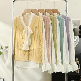 Women's Blouses Two Piece Set Autumn Tie Bow White Shirt Suit Chiffon Blouse Women Sexy V Neck Floral Knitted Vest Female Short Sweater Tank