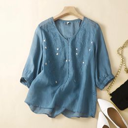 Women's Blouses Vintage Embroidered V Neck Shirt Cotton Linen Half Sleeve Plus Size Loose Comfortable Blouse Top Blusa Mujer Moda 2023